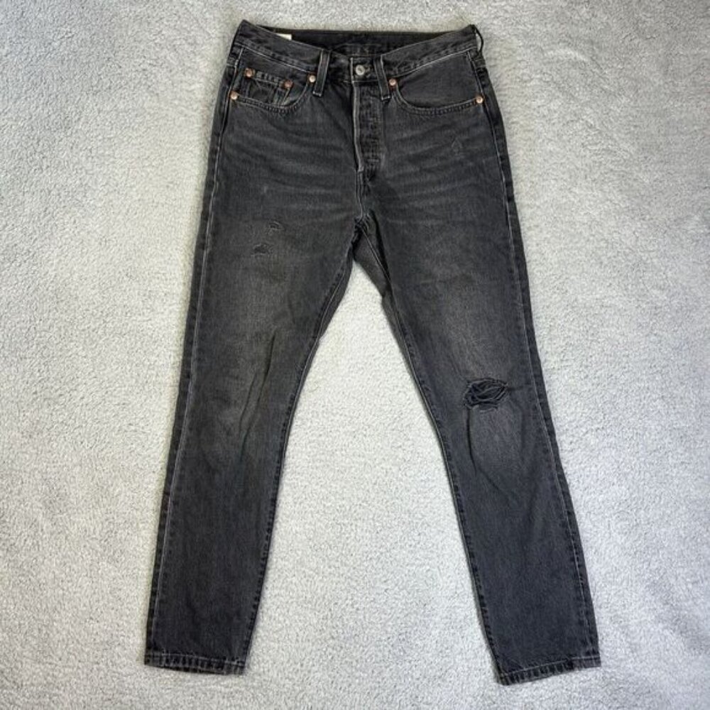 Levis 501xx Student Premium Jeans Mens 28x28 Black Denim‎ Button Fly Distressed